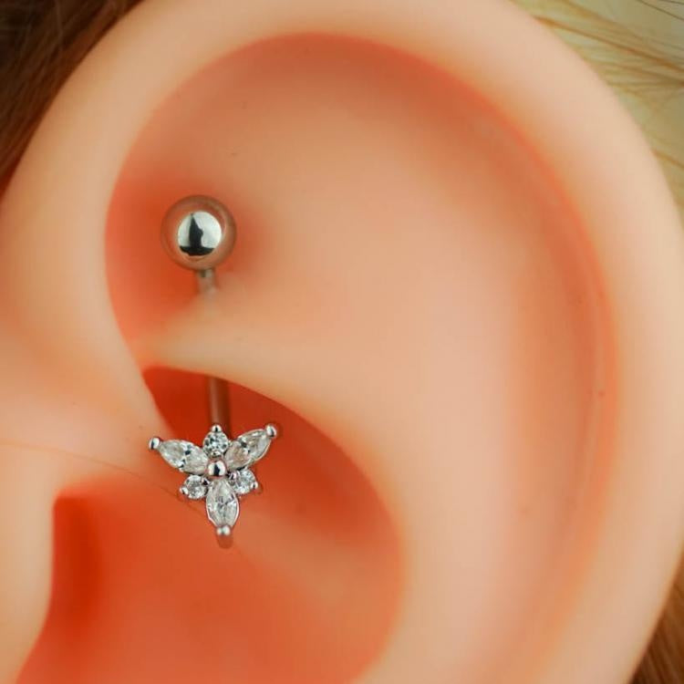 Silver Zircon Triangle Flower Daith Earring Eyebrow Piercing Hook Piercing Snug Piercing